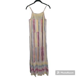LC Lauren Conrad XS Maxi Dress Crochet Trim Pastel Multicolor Striped Tiered